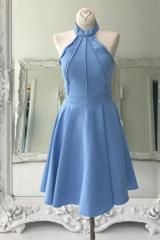 A Line High Neck Sleeveless Knee Length Homecoming Dress Blue Prom Gown