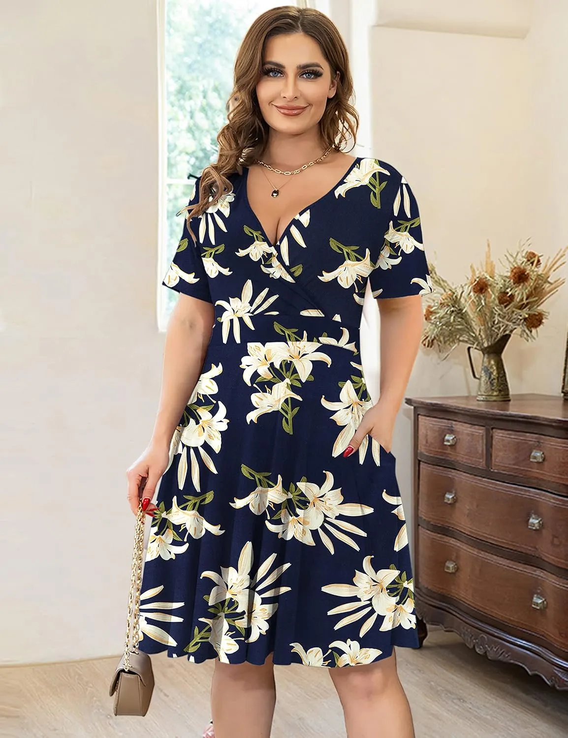 Ahlaray Womens Plus Size Dresses Short Sleeve Faux Wrap Causal Swing Dress with Pockets, L-4XL