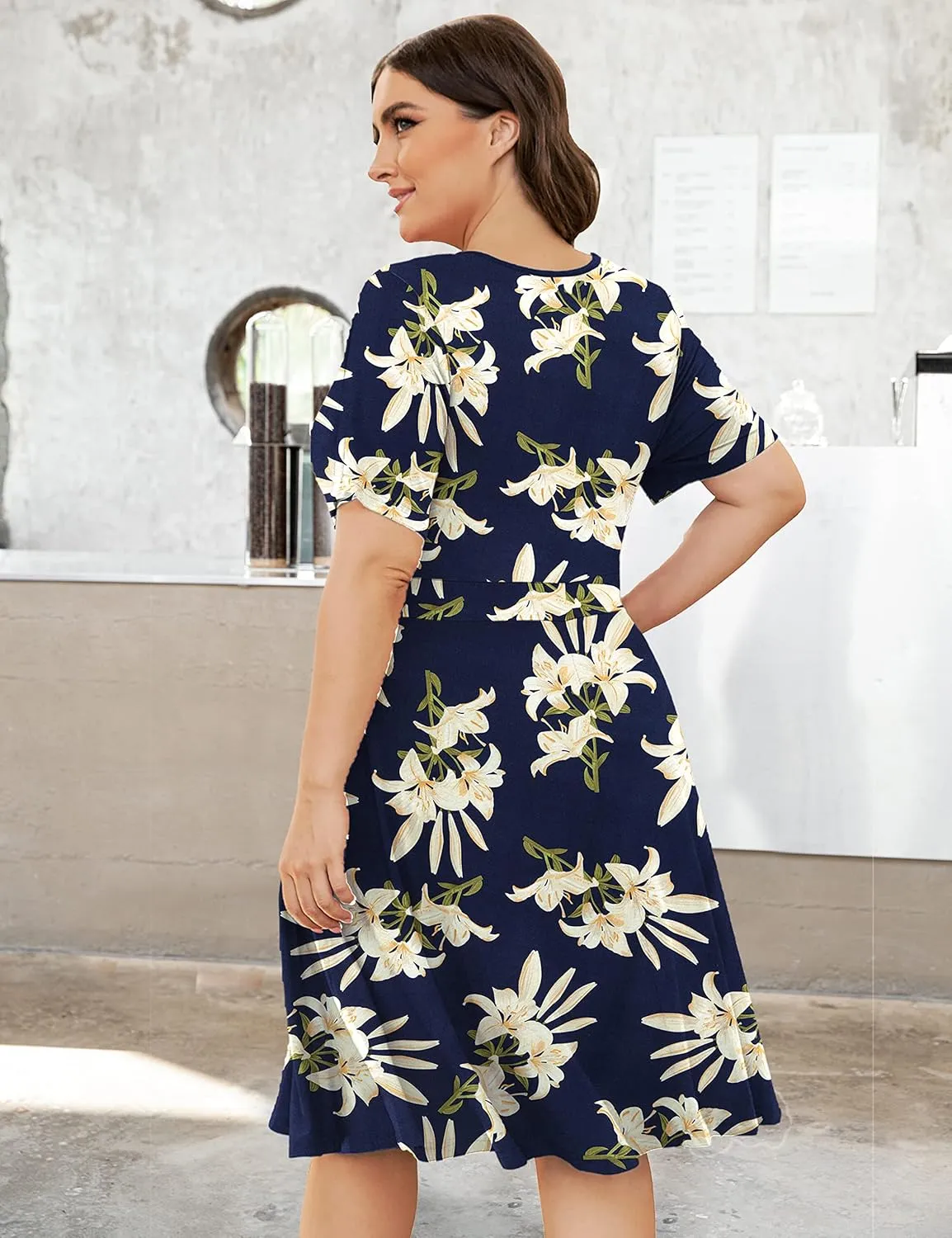 Ahlaray Womens Plus Size Dresses Short Sleeve Faux Wrap Causal Swing Dress with Pockets, L-4XL