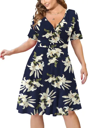 Ahlaray Womens Plus Size Dresses Short Sleeve Faux Wrap Causal Swing Dress with Pockets, L-4XL