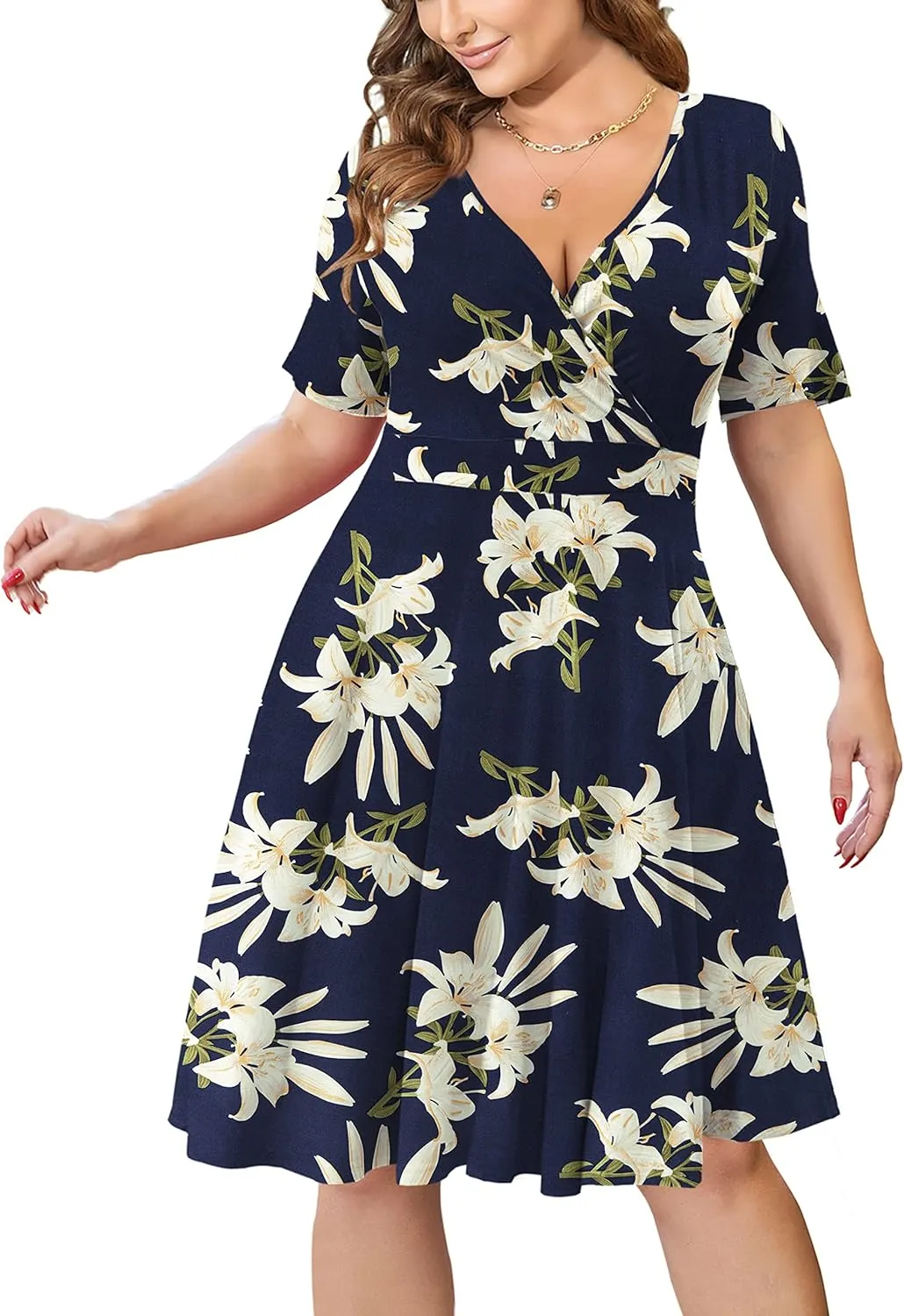 Ahlaray Womens Plus Size Dresses Short Sleeve Faux Wrap Causal Swing Dress with Pockets, L-4XL