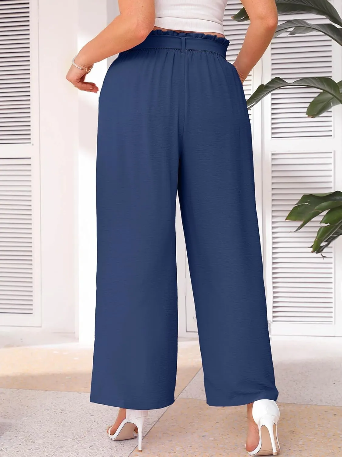AusLook Women's Plus Size Wide Leg Lounge Pants with Pockets High Waisted Palazzo Adjustable Tie Knot Flowy Trousers