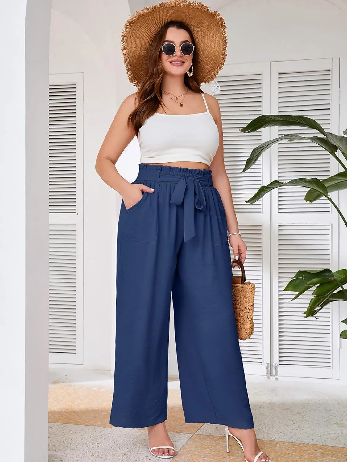 AusLook Women's Plus Size Wide Leg Lounge Pants with Pockets High Waisted Palazzo Adjustable Tie Knot Flowy Trousers