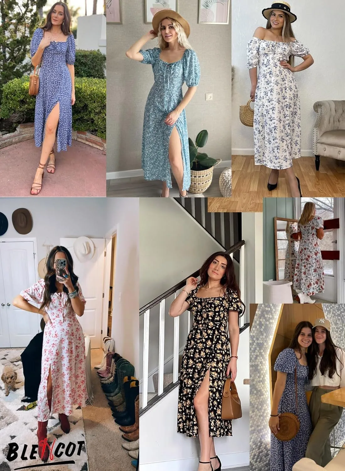 BLENCOT Womens Casual Summer Square Neck Short Sleeve Split Thigh Dress Boho Floral Print Tie Front Midi Dresses