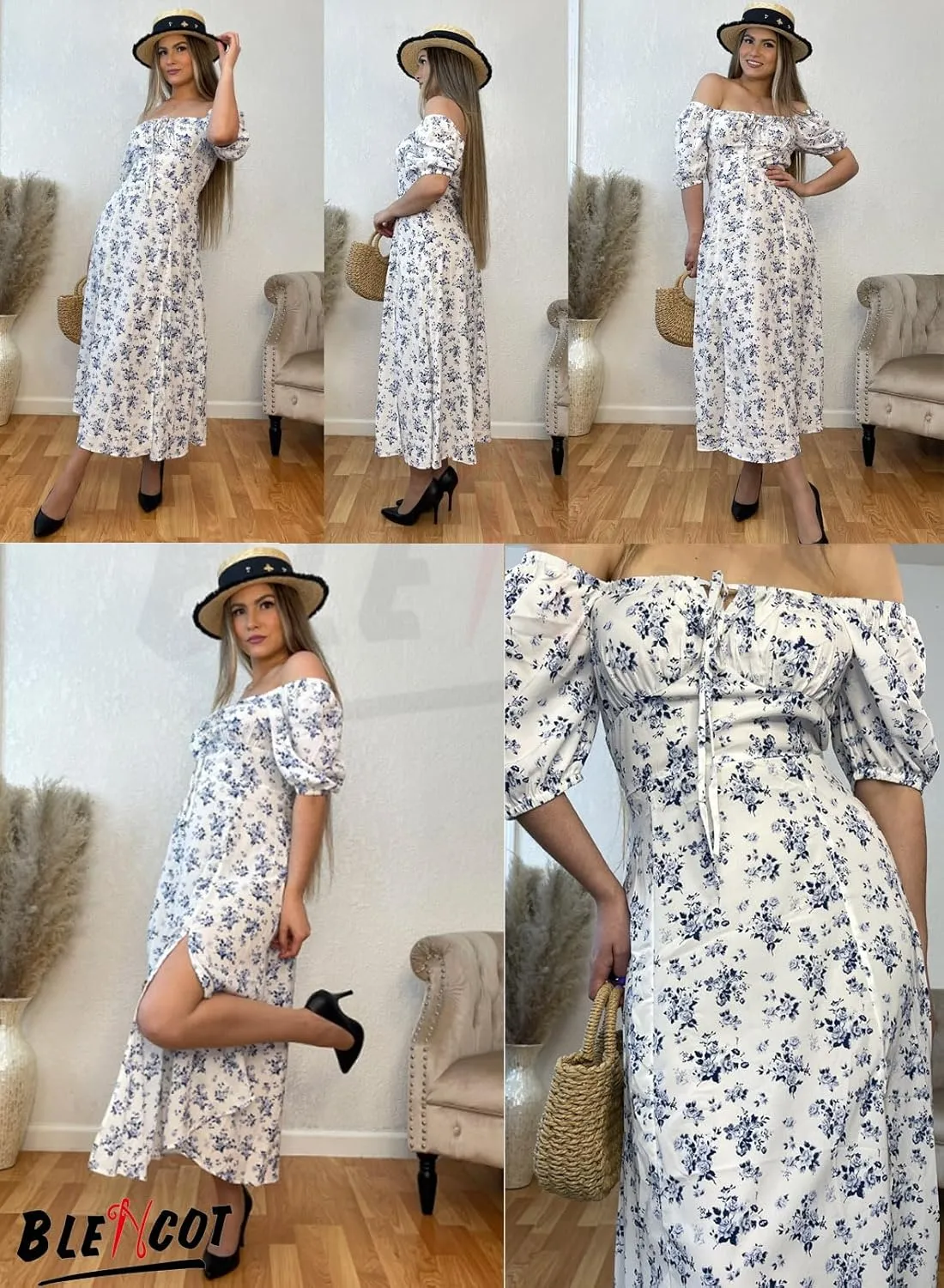 BLENCOT Womens Casual Summer Square Neck Short Sleeve Split Thigh Dress Boho Floral Print Tie Front Midi Dresses