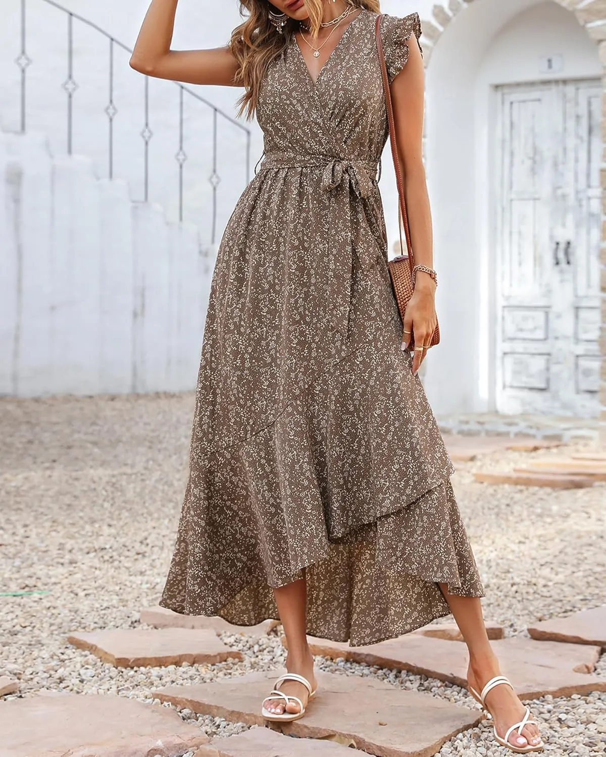 BTFBM Summer Floral Maxi Dress for Women 2025 Vacation Ruffle Sleeve V Neck Belt Wrap Spring Beach Wedding Guest Dresses