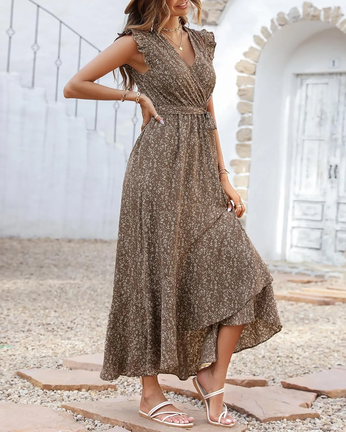 BTFBM Summer Floral Maxi Dress for Women 2025 Vacation Ruffle Sleeve V Neck Belt Wrap Spring Beach Wedding Guest Dresses