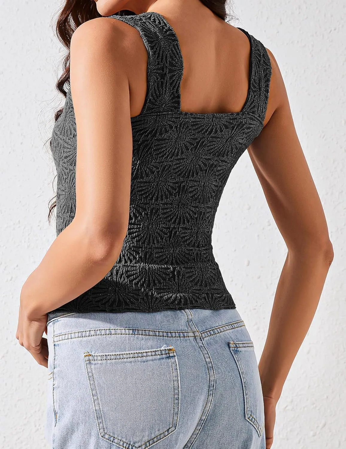 Cropped Tank Tops for Women Square Neck Wide Straps Crop Tank Tops Backless Lettuce Trim Slim Fit Cami Tank Tops