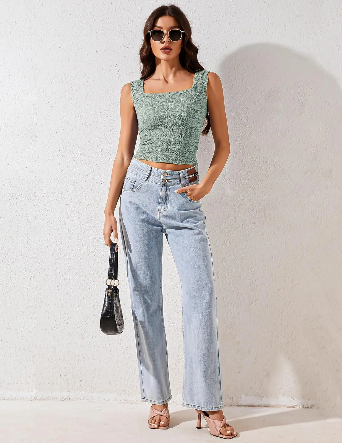 Cropped Tank Tops for Women Square Neck Wide Straps Crop Tank Tops Backless Lettuce Trim Slim Fit Cami Tank Tops