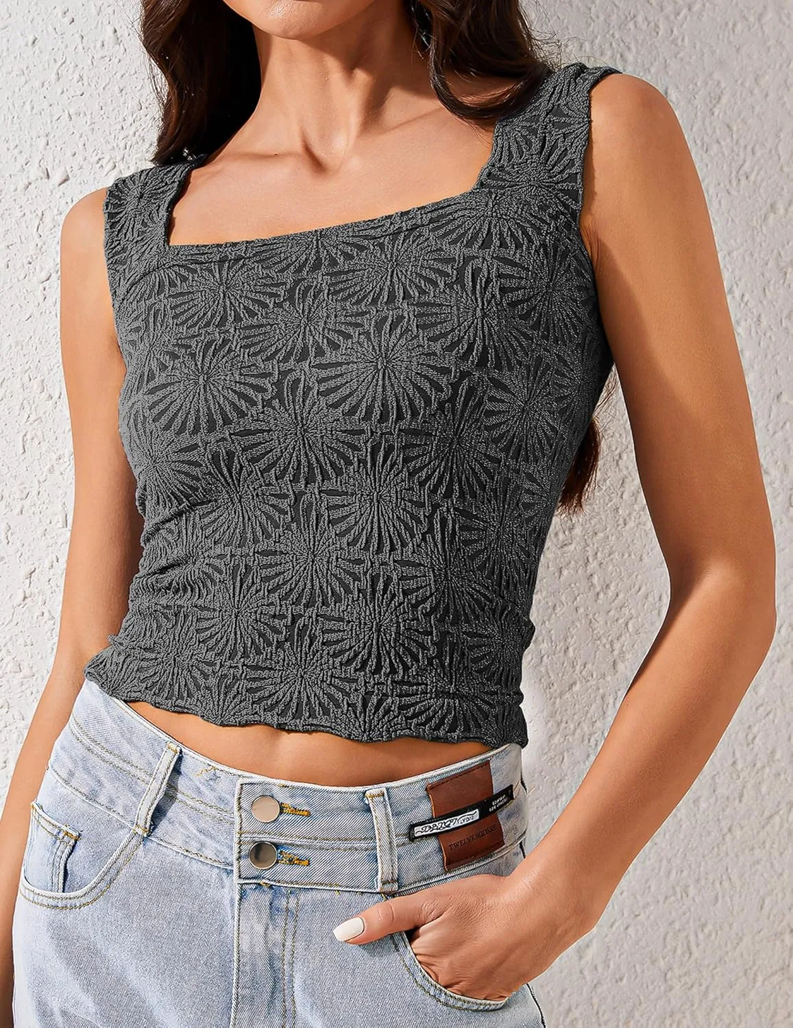 Cropped Tank Tops for Women Square Neck Wide Straps Crop Tank Tops Backless Lettuce Trim Slim Fit Cami Tank Tops