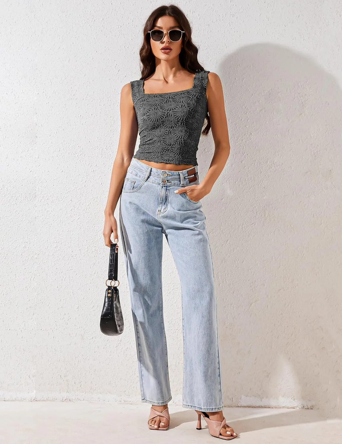 Cropped Tank Tops for Women Square Neck Wide Straps Crop Tank Tops Backless Lettuce Trim Slim Fit Cami Tank Tops