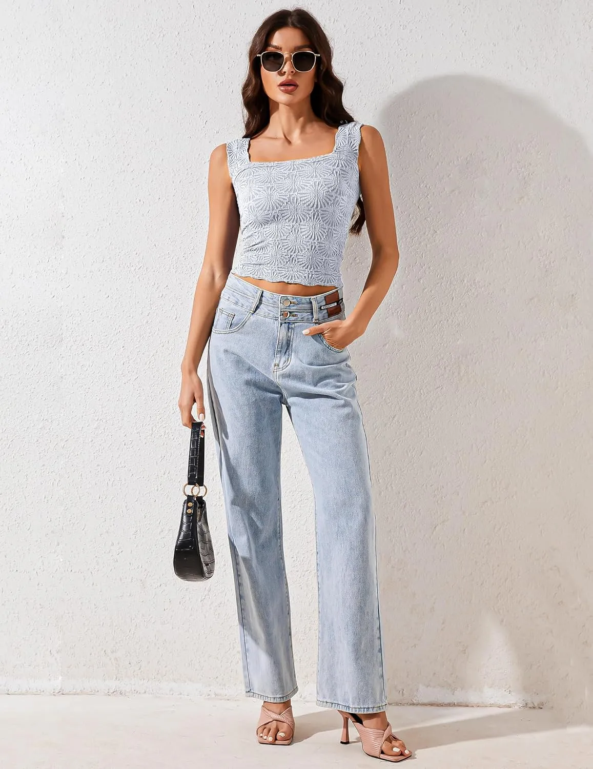 Cropped Tank Tops for Women Square Neck Wide Straps Crop Tank Tops Backless Lettuce Trim Slim Fit Cami Tank Tops