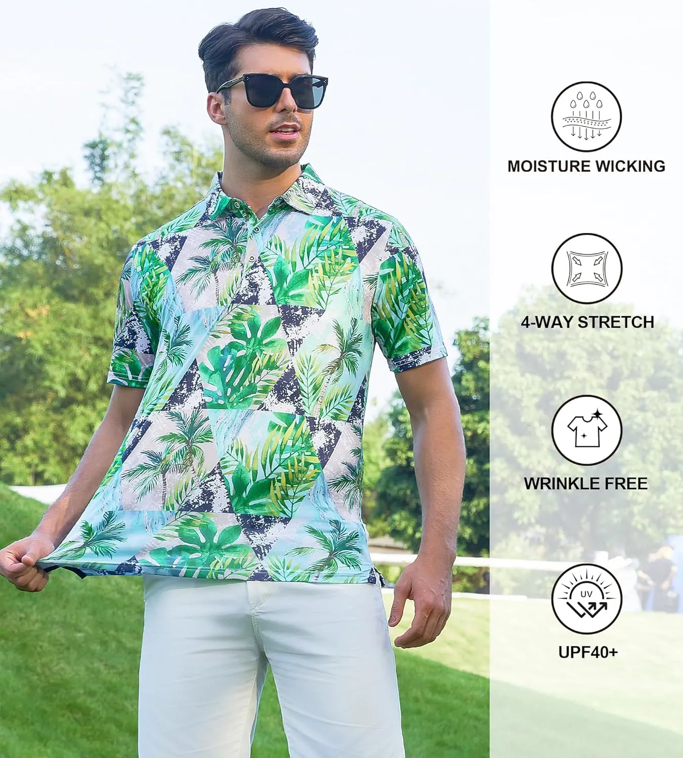 Damipow Mens Golf Shirts Dry Fit Polo Shirts Moisture Wicking Short Sleeve Hawaiian Polo Shirt