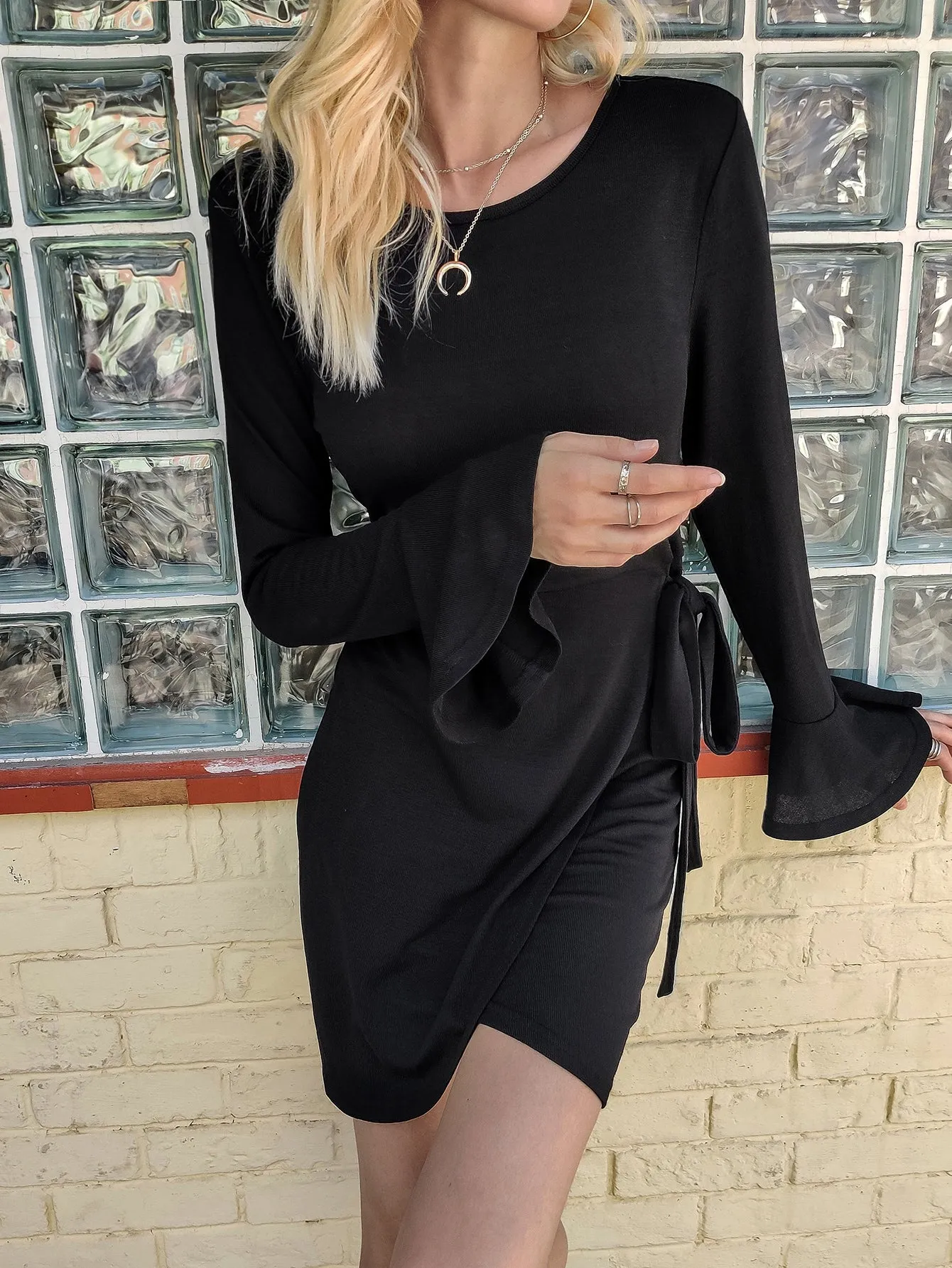 Elegant Plain Knot Long Sleeve Round Neck Wrap High Waist Short Dress