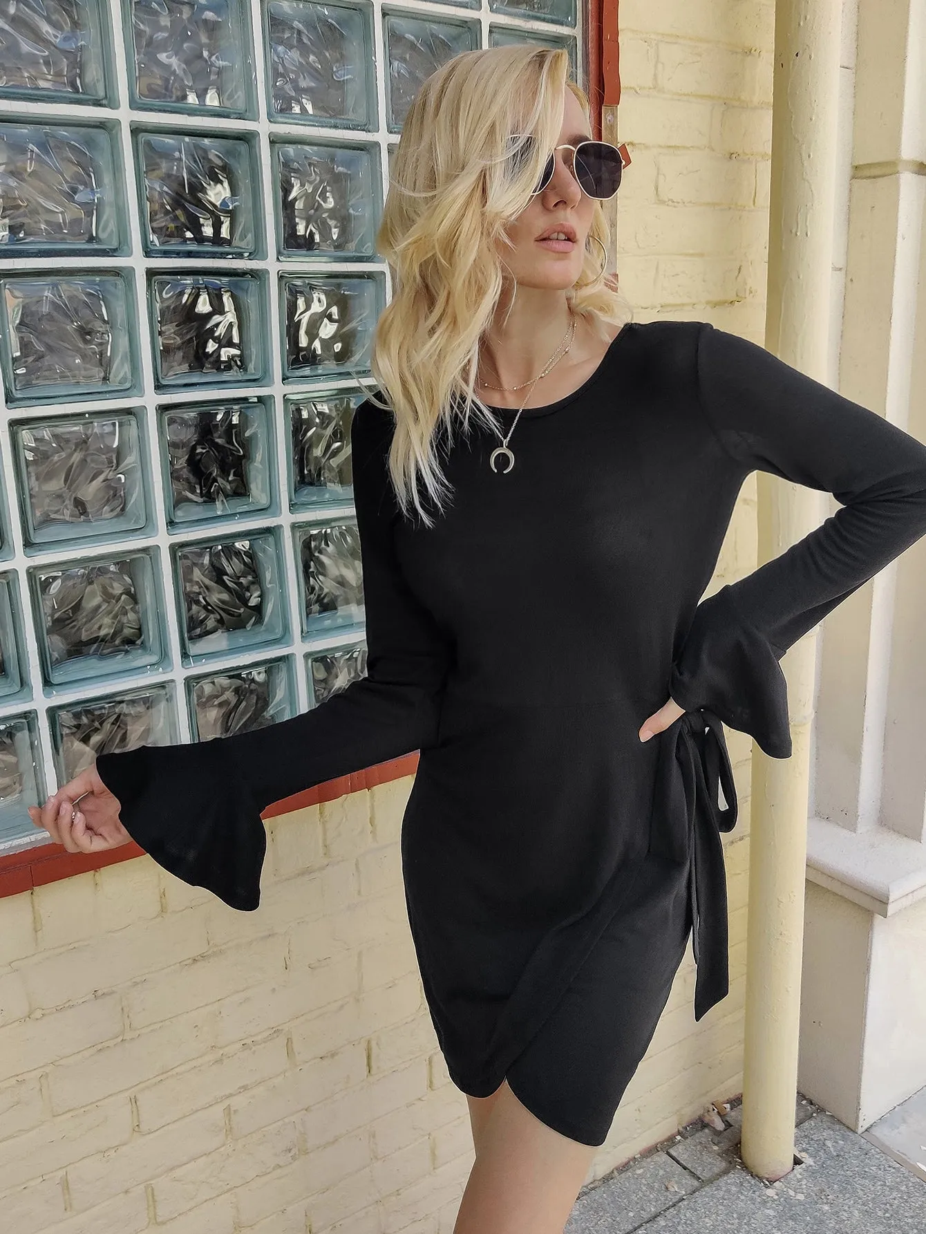 Elegant Plain Knot Long Sleeve Round Neck Wrap High Waist Short Dress