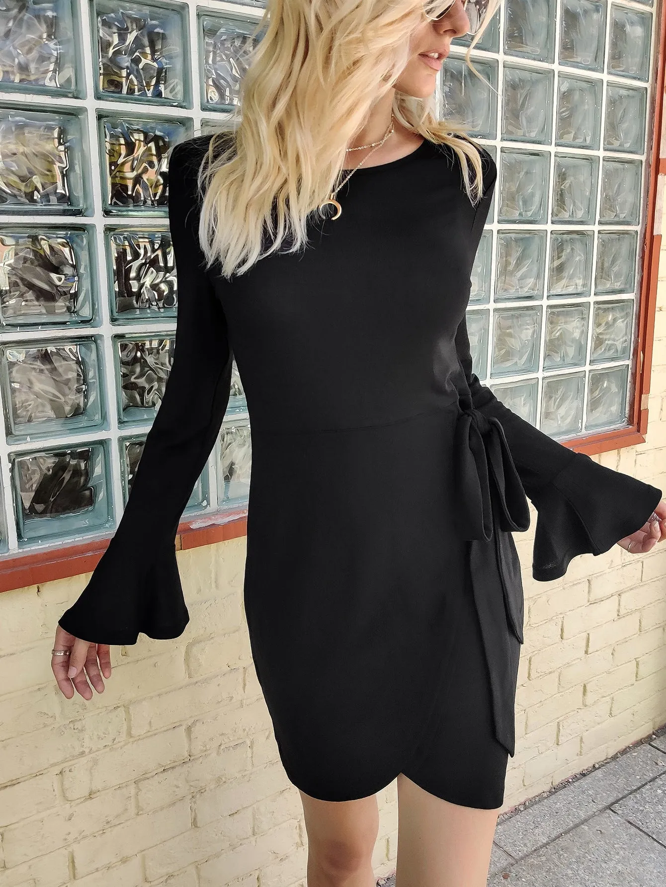 Elegant Plain Knot Long Sleeve Round Neck Wrap High Waist Short Dress