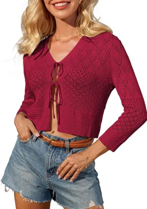 GRACE KARIN Tie Front Cardigan for Women Lightweight 3/4 Sleeve 2025 Summer Crochet Knit Bolero Shrug Sweater Top
