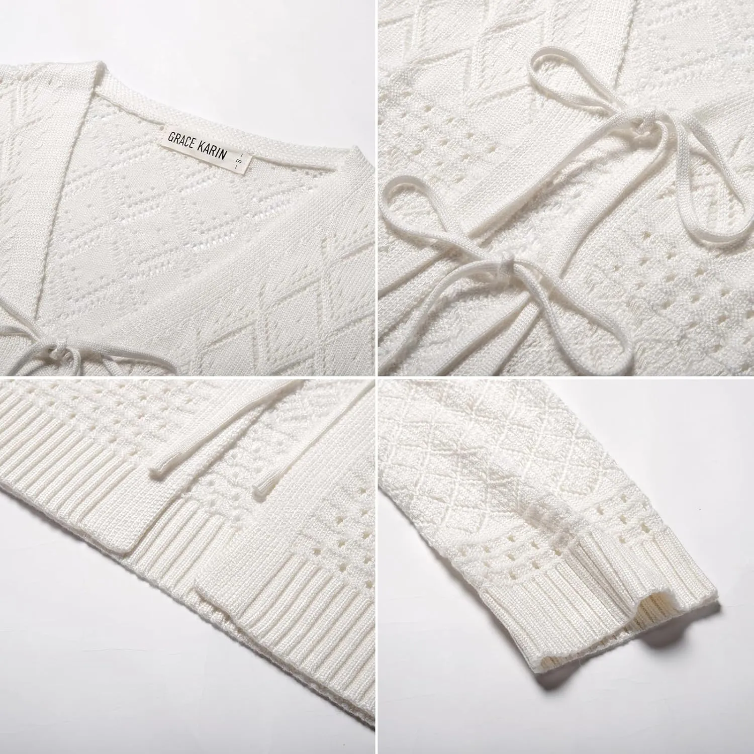 GRACE KARIN Tie Front Cardigan for Women Lightweight 3/4 Sleeve 2025 Summer Crochet Knit Bolero Shrug Sweater Top