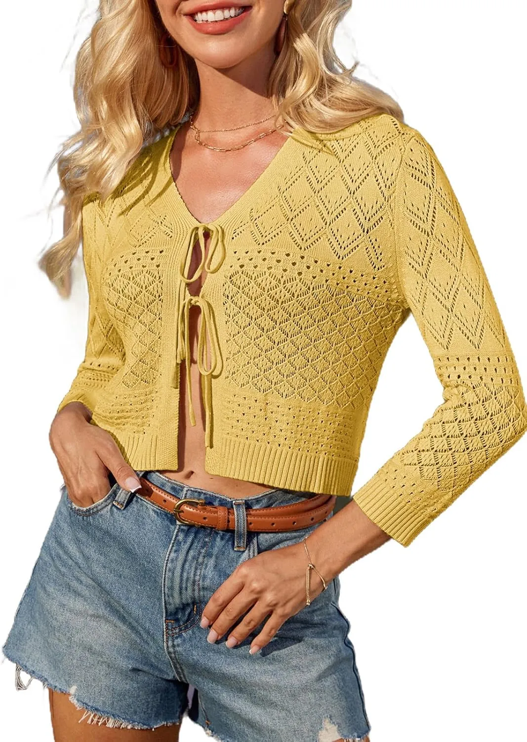 GRACE KARIN Tie Front Cardigan for Women Lightweight 3/4 Sleeve 2025 Summer Crochet Knit Bolero Shrug Sweater Top