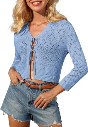 GRACE KARIN Tie Front Cardigan for Women Lightweight 3/4 Sleeve 2025 Summer Crochet Knit Bolero Shrug Sweater Top