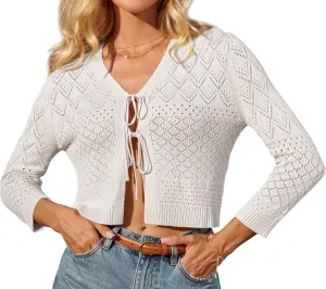 GRACE KARIN Tie Front Cardigan for Women Lightweight 3/4 Sleeve 2025 Summer Crochet Knit Bolero Shrug Sweater Top