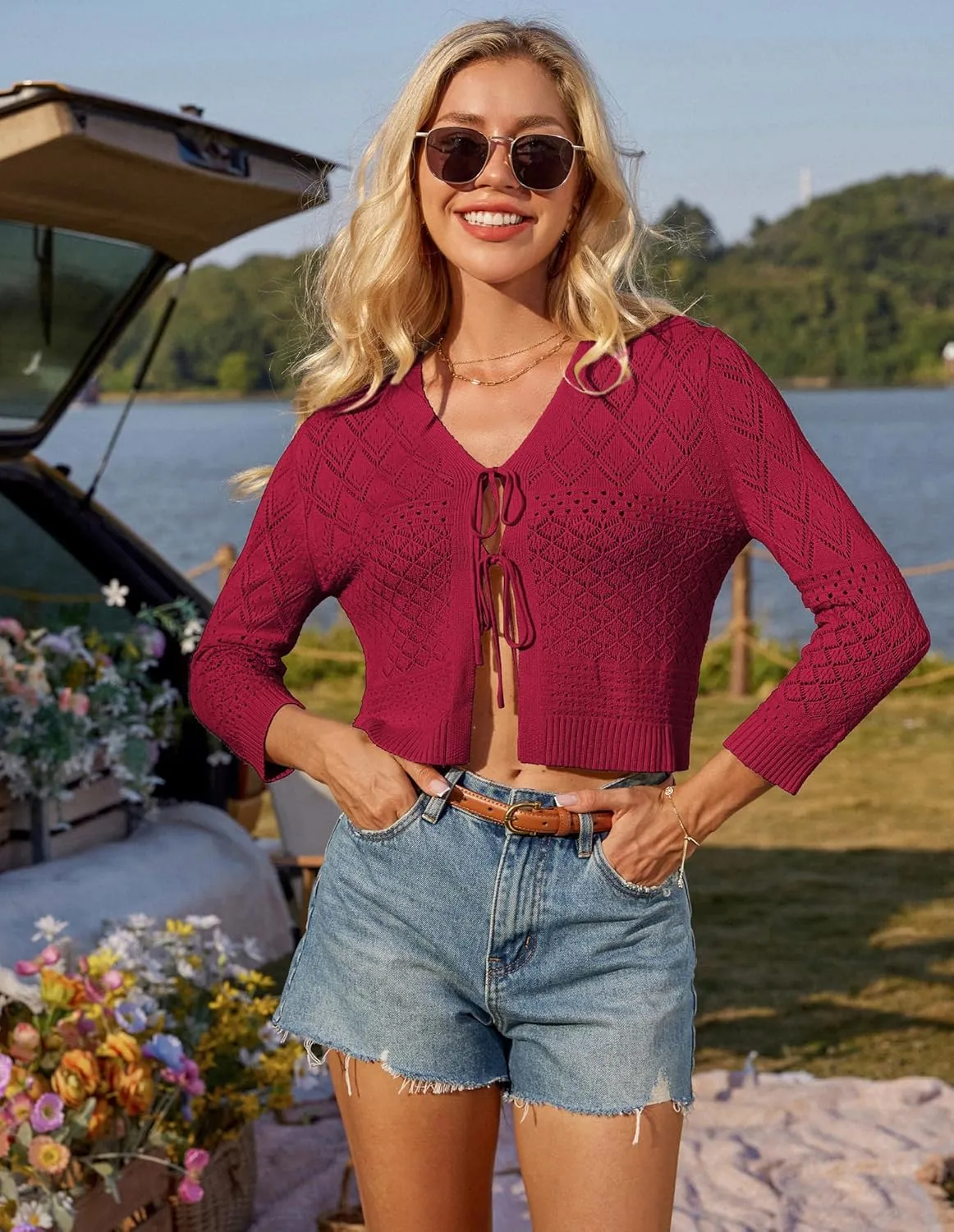 GRACE KARIN Tie Front Cardigan for Women Lightweight 3/4 Sleeve 2025 Summer Crochet Knit Bolero Shrug Sweater Top