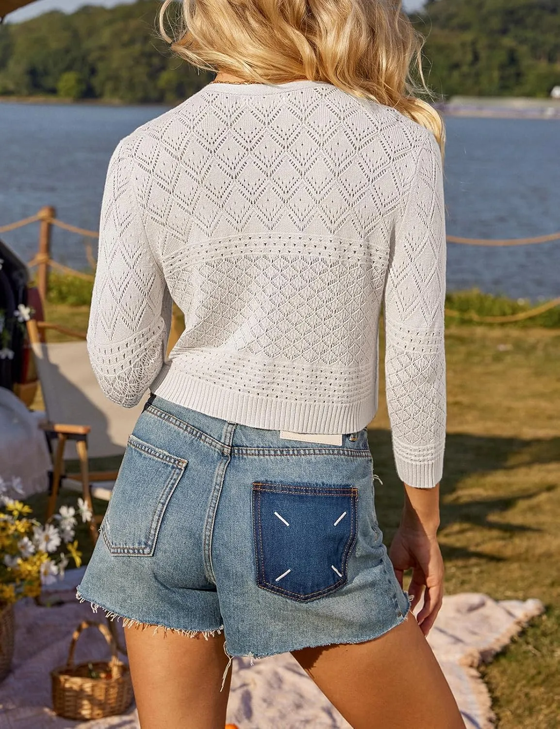 GRACE KARIN Tie Front Cardigan for Women Lightweight 3/4 Sleeve 2025 Summer Crochet Knit Bolero Shrug Sweater Top