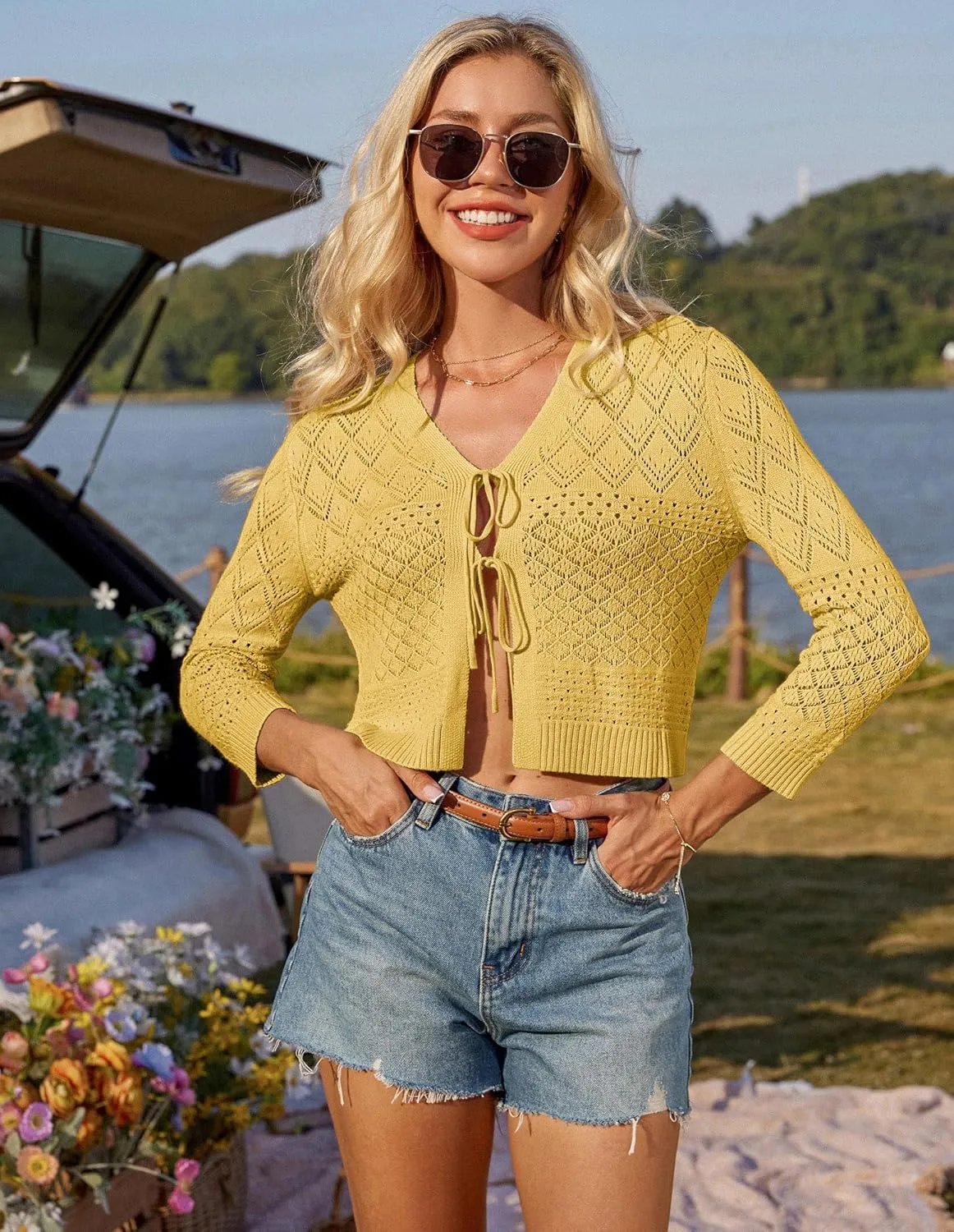 GRACE KARIN Tie Front Cardigan for Women Lightweight 3/4 Sleeve 2025 Summer Crochet Knit Bolero Shrug Sweater Top