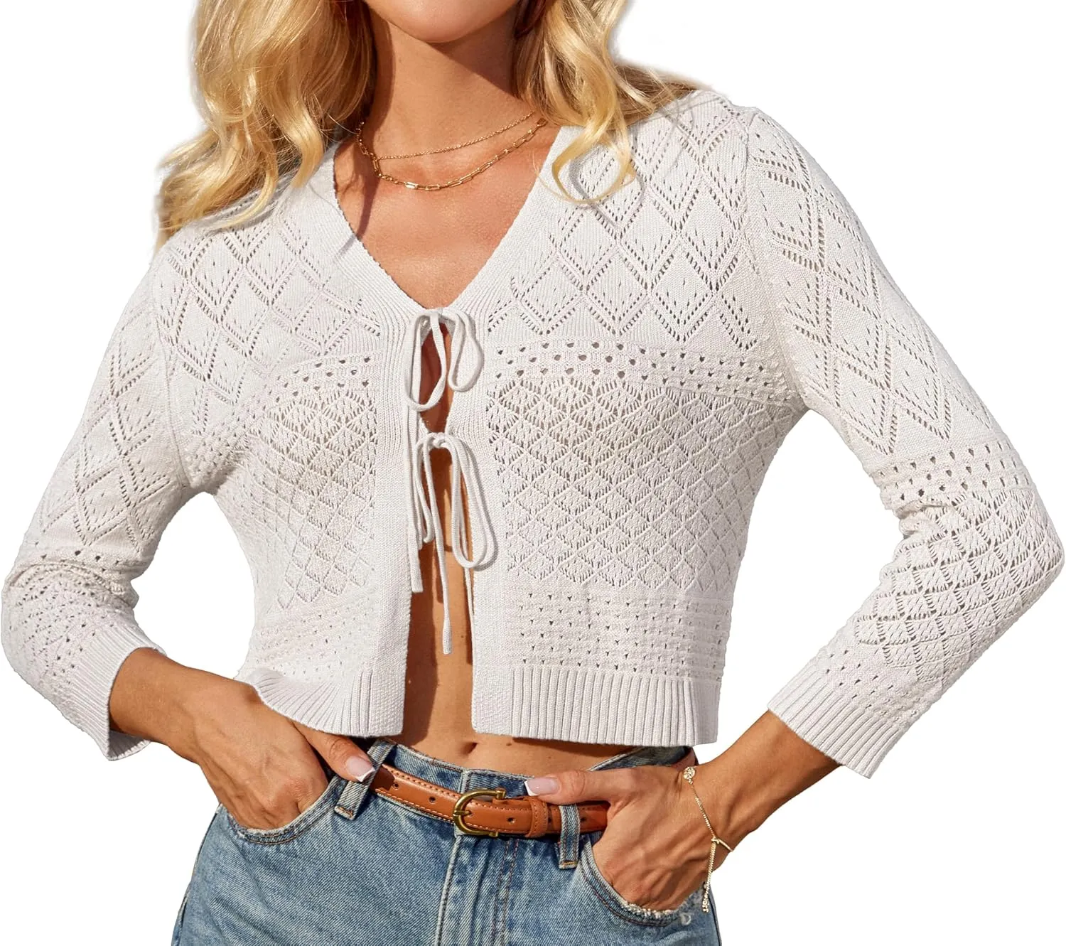 GRACE KARIN Tie Front Cardigan for Women Lightweight 3/4 Sleeve 2025 Summer Crochet Knit Bolero Shrug Sweater Top