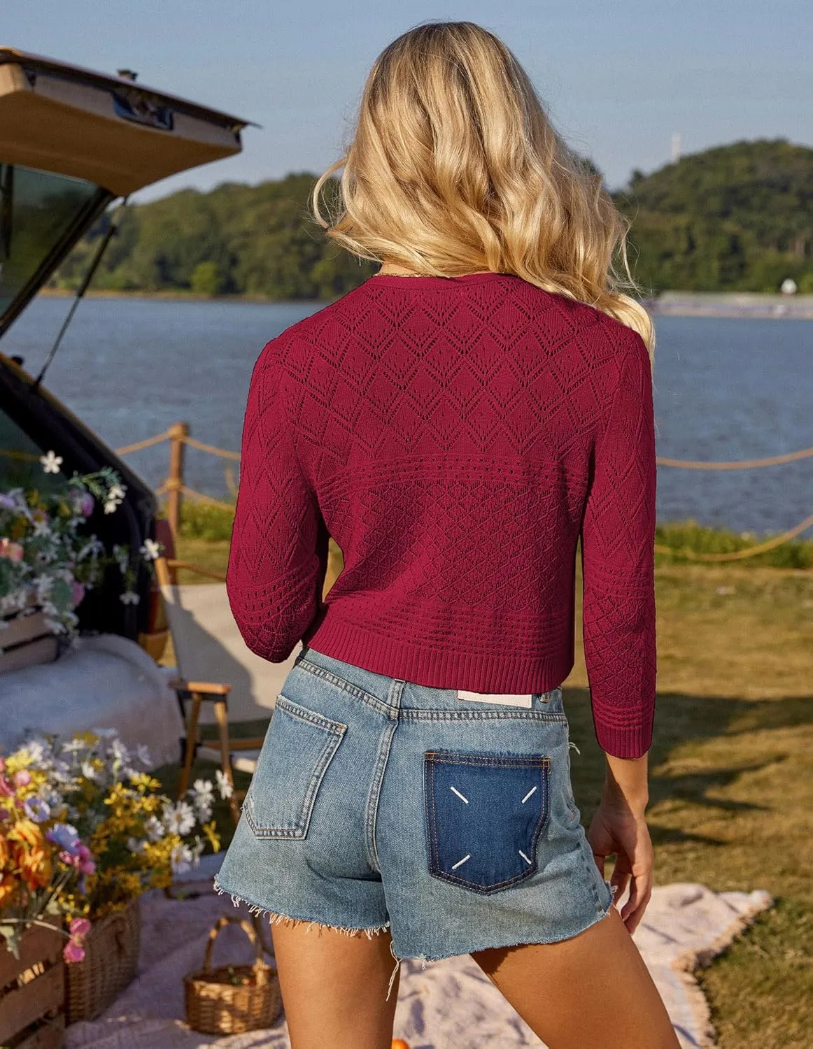 GRACE KARIN Tie Front Cardigan for Women Lightweight 3/4 Sleeve 2025 Summer Crochet Knit Bolero Shrug Sweater Top