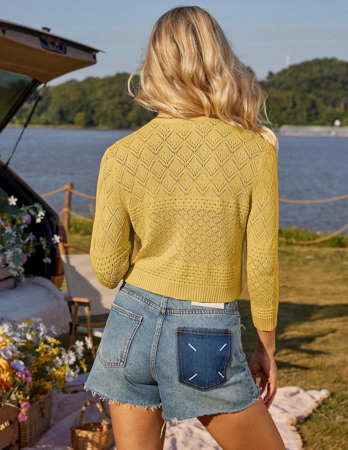 GRACE KARIN Tie Front Cardigan for Women Lightweight 3/4 Sleeve 2025 Summer Crochet Knit Bolero Shrug Sweater Top