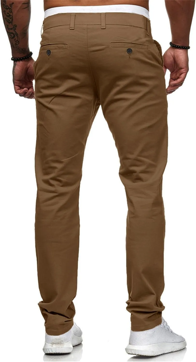 HUNGSON Mens Chinos Dress Pants Slim Straight Fit Flat-Front Golf Pants Casual Travel Slacks