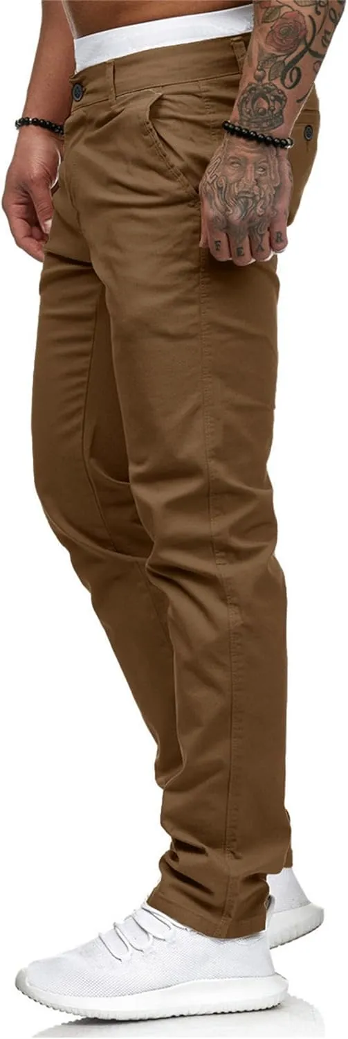 HUNGSON Mens Chinos Dress Pants Slim Straight Fit Flat-Front Golf Pants Casual Travel Slacks