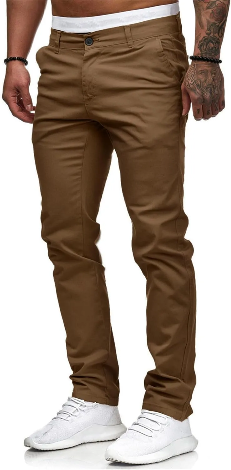 HUNGSON Mens Chinos Dress Pants Slim Straight Fit Flat-Front Golf Pants Casual Travel Slacks