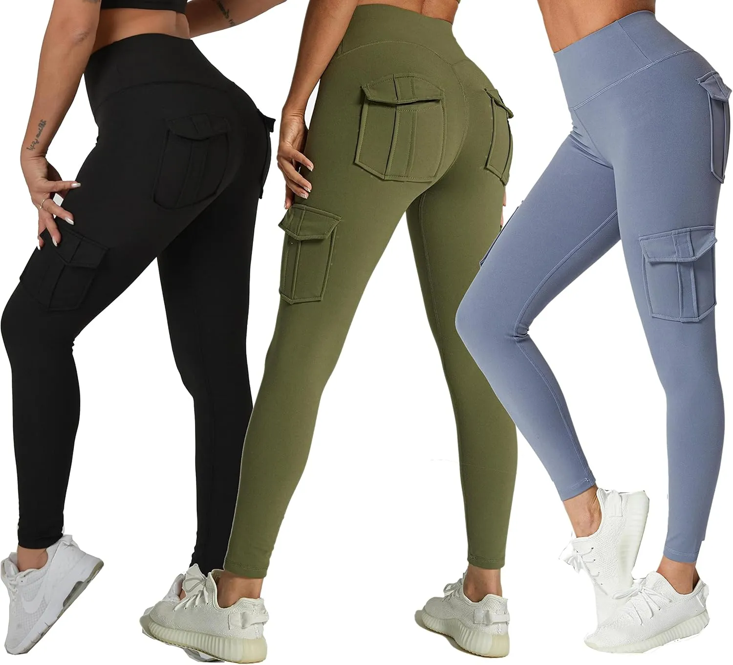 JEGGE High Waist Yoga Leggings with 4 Pockets,Tummy Control Workout Running 4 Way Stretch Cargo Pocket Leggings