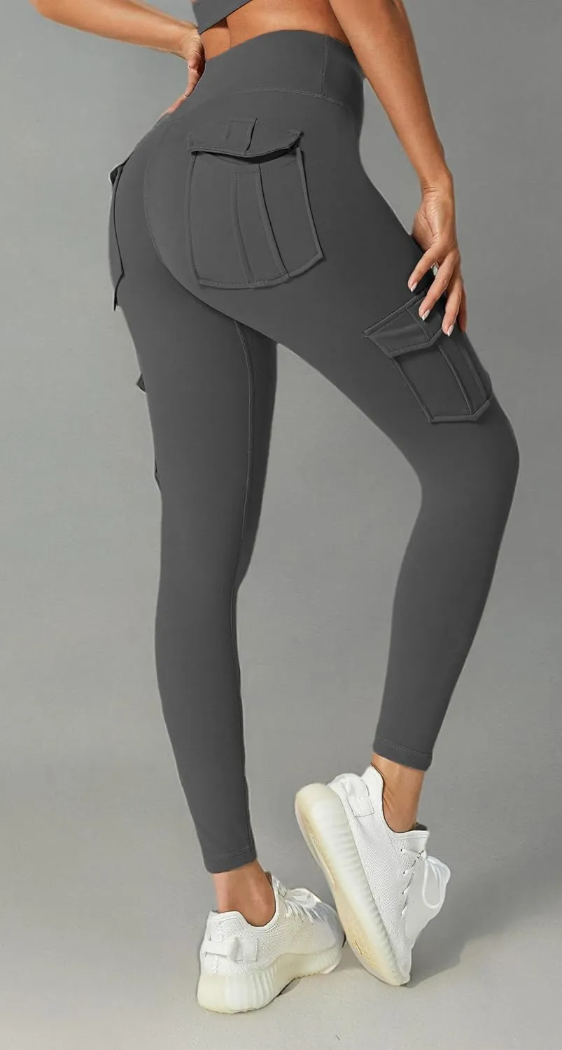 JEGGE High Waist Yoga Leggings with 4 Pockets,Tummy Control Workout Running 4 Way Stretch Cargo Pocket Leggings