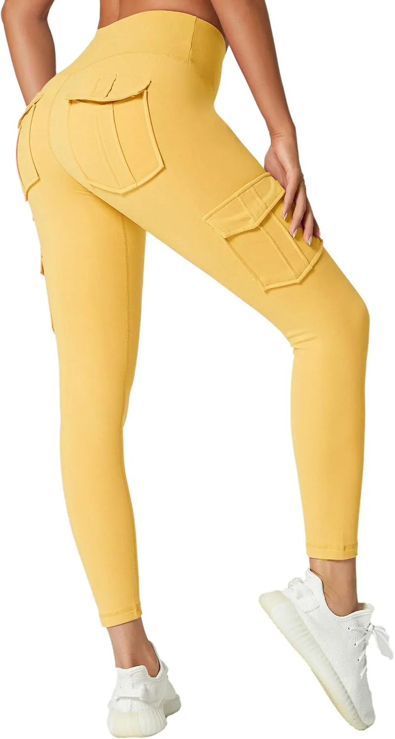 JEGGE High Waist Yoga Leggings with 4 Pockets,Tummy Control Workout Running 4 Way Stretch Cargo Pocket Leggings