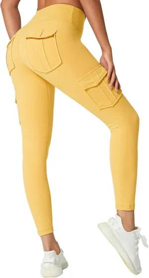 JEGGE High Waist Yoga Leggings with 4 Pockets,Tummy Control Workout Running 4 Way Stretch Cargo Pocket Leggings