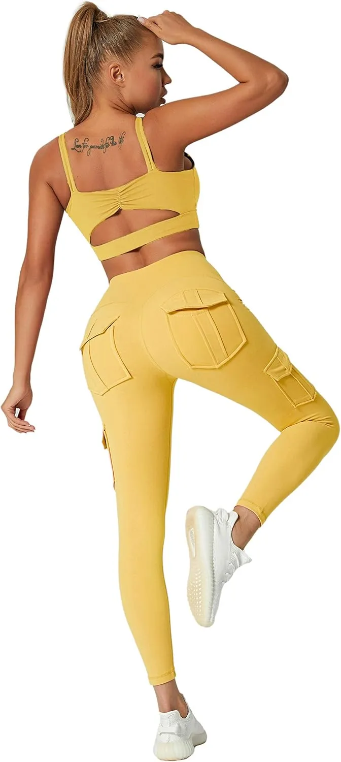 JEGGE High Waist Yoga Leggings with 4 Pockets,Tummy Control Workout Running 4 Way Stretch Cargo Pocket Leggings