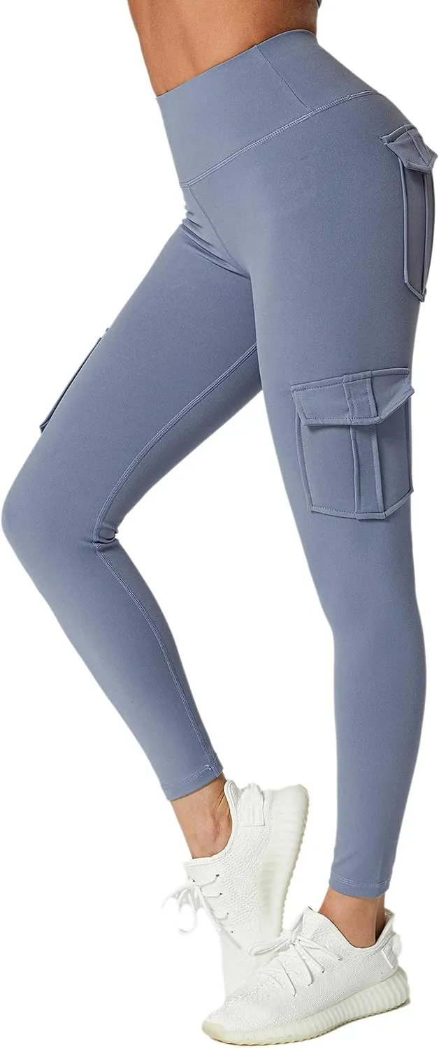 JEGGE High Waist Yoga Leggings with 4 Pockets,Tummy Control Workout Running 4 Way Stretch Cargo Pocket Leggings