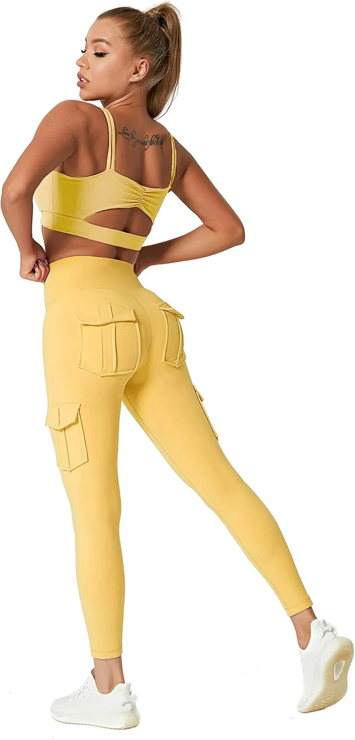 JEGGE High Waist Yoga Leggings with 4 Pockets,Tummy Control Workout Running 4 Way Stretch Cargo Pocket Leggings