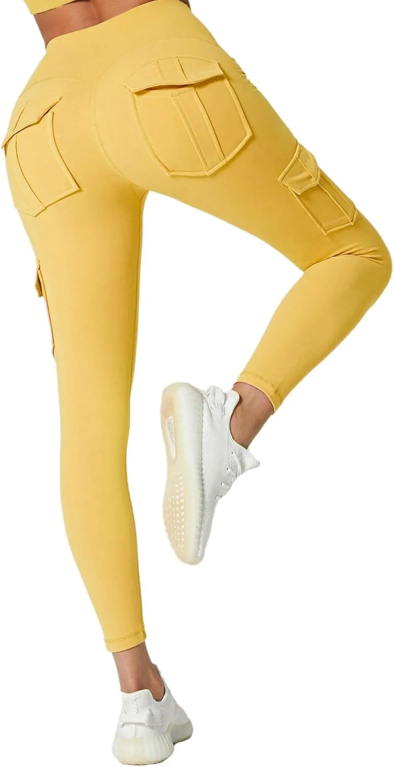JEGGE High Waist Yoga Leggings with 4 Pockets,Tummy Control Workout Running 4 Way Stretch Cargo Pocket Leggings
