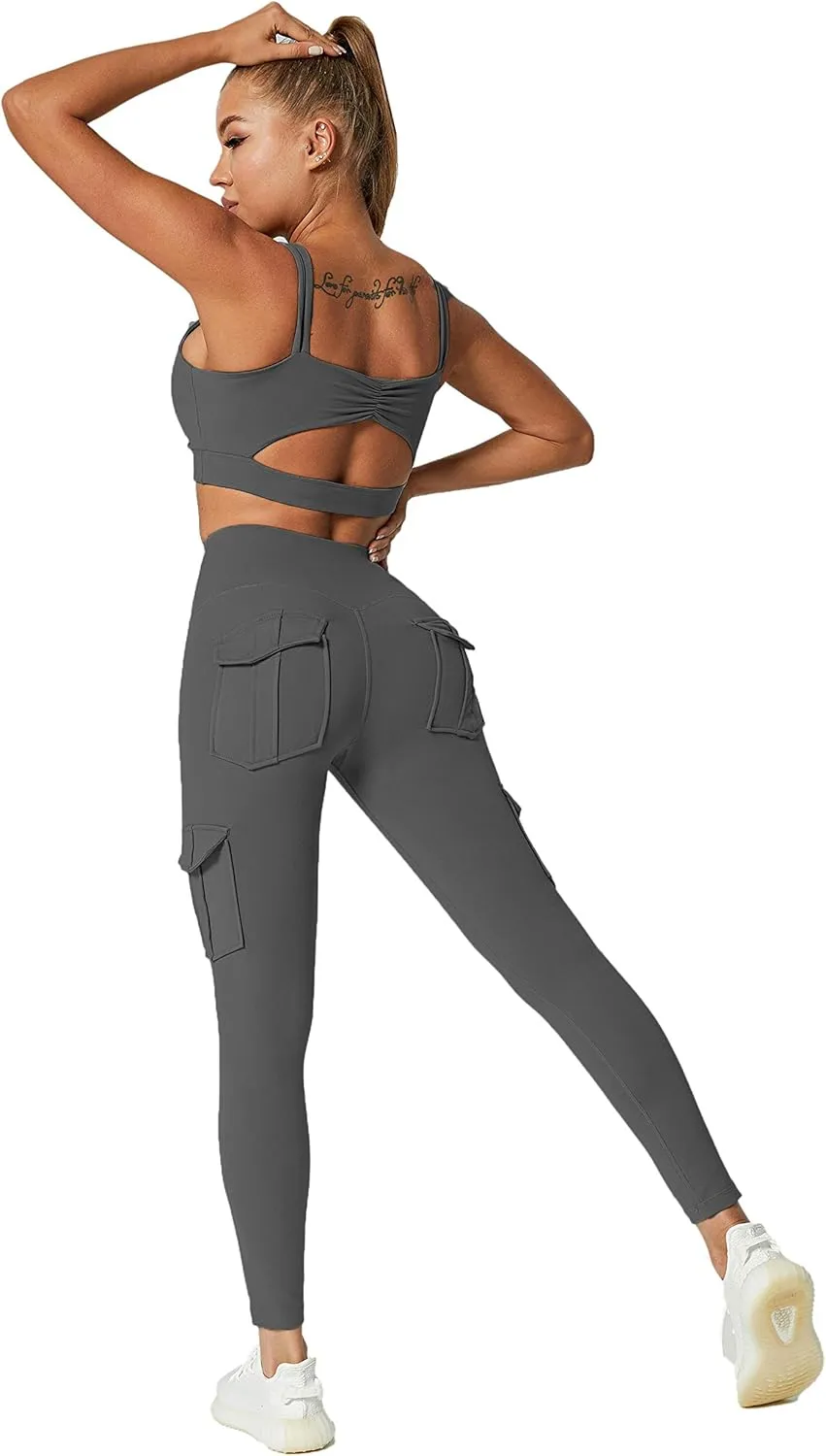 JEGGE High Waist Yoga Leggings with 4 Pockets,Tummy Control Workout Running 4 Way Stretch Cargo Pocket Leggings