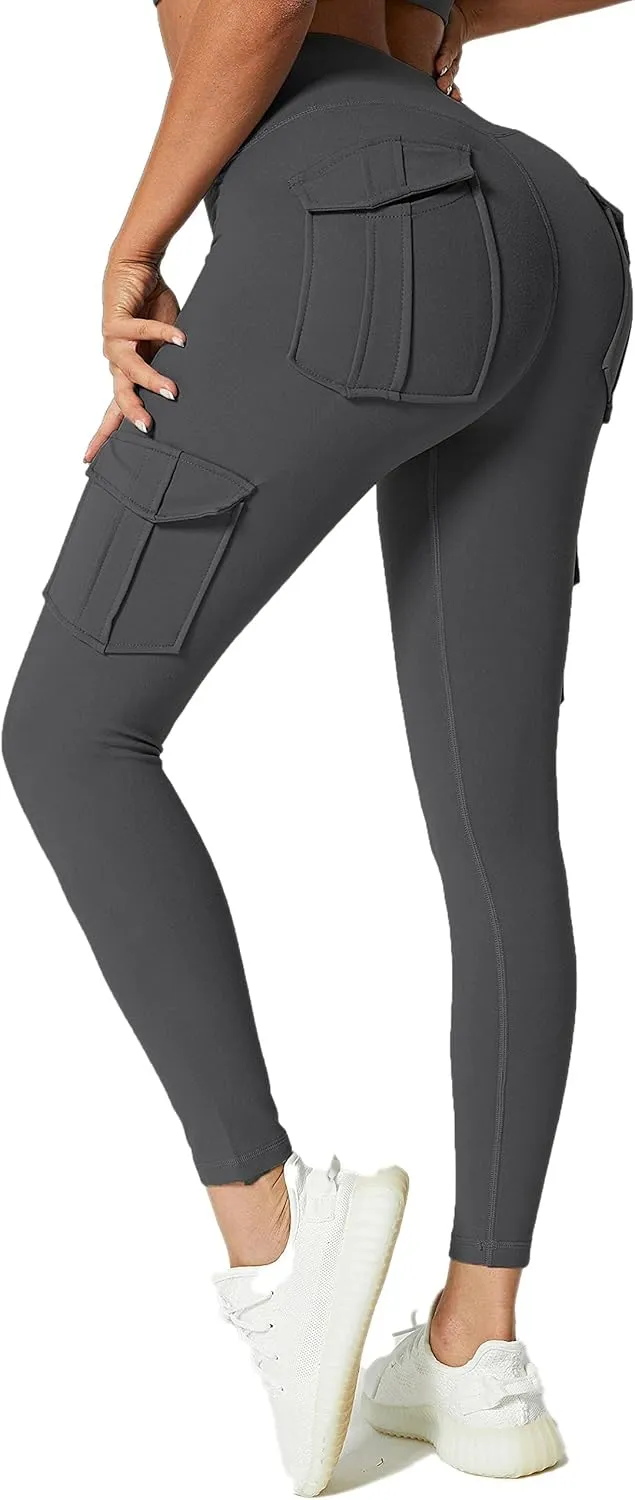 JEGGE High Waist Yoga Leggings with 4 Pockets,Tummy Control Workout Running 4 Way Stretch Cargo Pocket Leggings