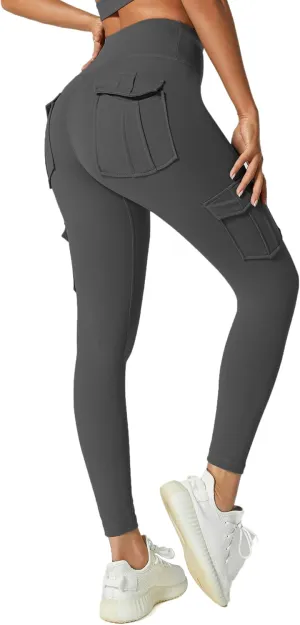 JEGGE High Waist Yoga Leggings with 4 Pockets,Tummy Control Workout Running 4 Way Stretch Cargo Pocket Leggings