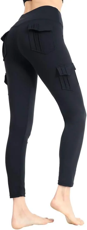 JEGGE High Waist Yoga Leggings with 4 Pockets,Tummy Control Workout Running 4 Way Stretch Cargo Pocket Leggings