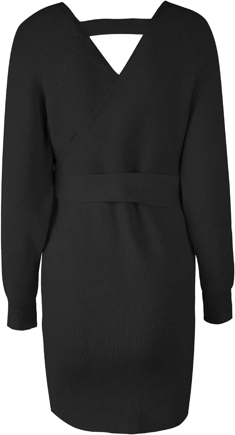 Mansy Women's Sexy Cocktail Batwing Long Sleeve Backless Mock Wrap Knit Sweater Mini Dress