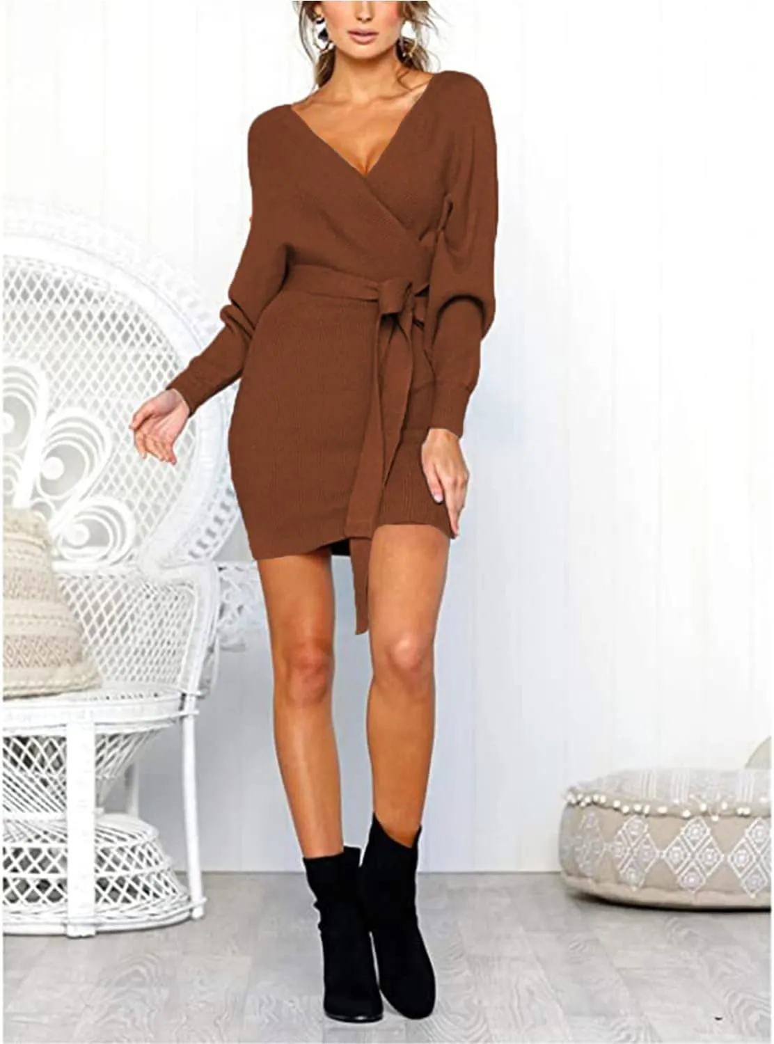 Mansy Women's Sexy Cocktail Batwing Long Sleeve Backless Mock Wrap Knit Sweater Mini Dress