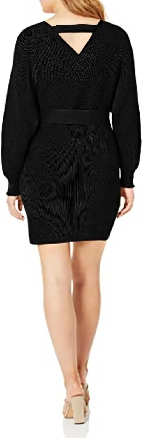 Mansy Women's Sexy Cocktail Batwing Long Sleeve Backless Mock Wrap Knit Sweater Mini Dress