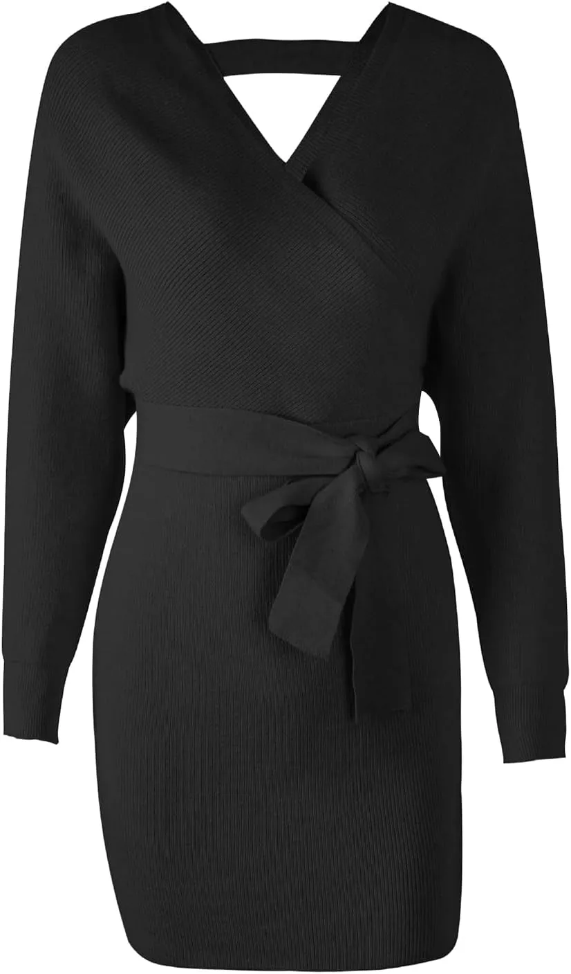 Mansy Women's Sexy Cocktail Batwing Long Sleeve Backless Mock Wrap Knit Sweater Mini Dress